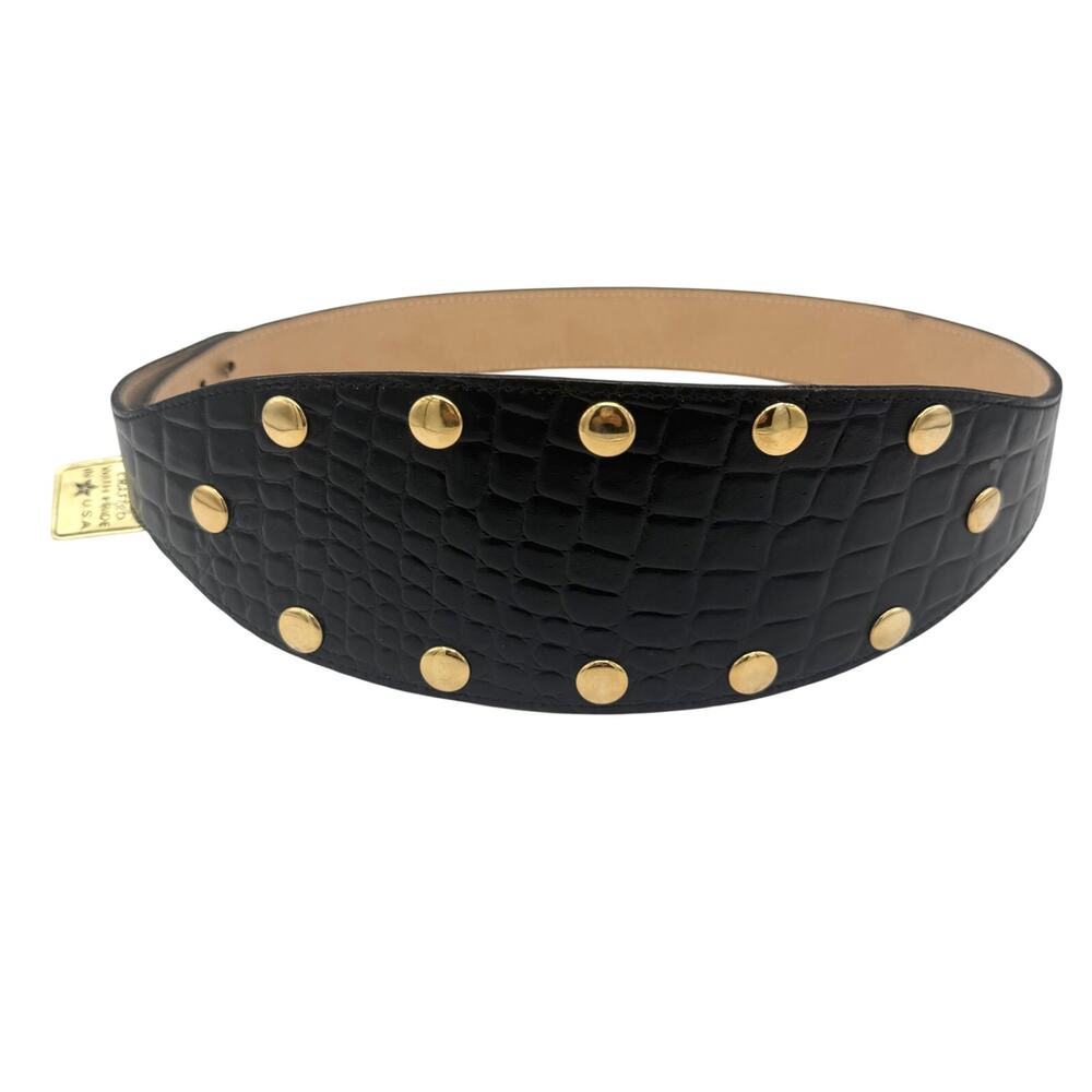 Vintage Wide Black Leather Belt Gold Studded Corset Accessories by Pearl USA M